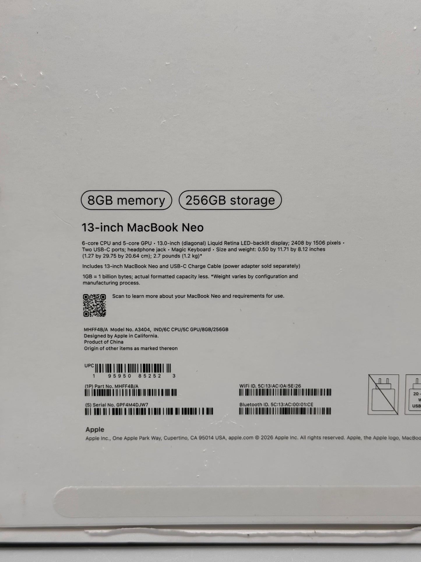 Apple Macbook Neo 13 inch 2026 Indigo A18 Pro 6C CPU 5C GPU 8GB RAM 256GB SSD MHFF4B/A A3404