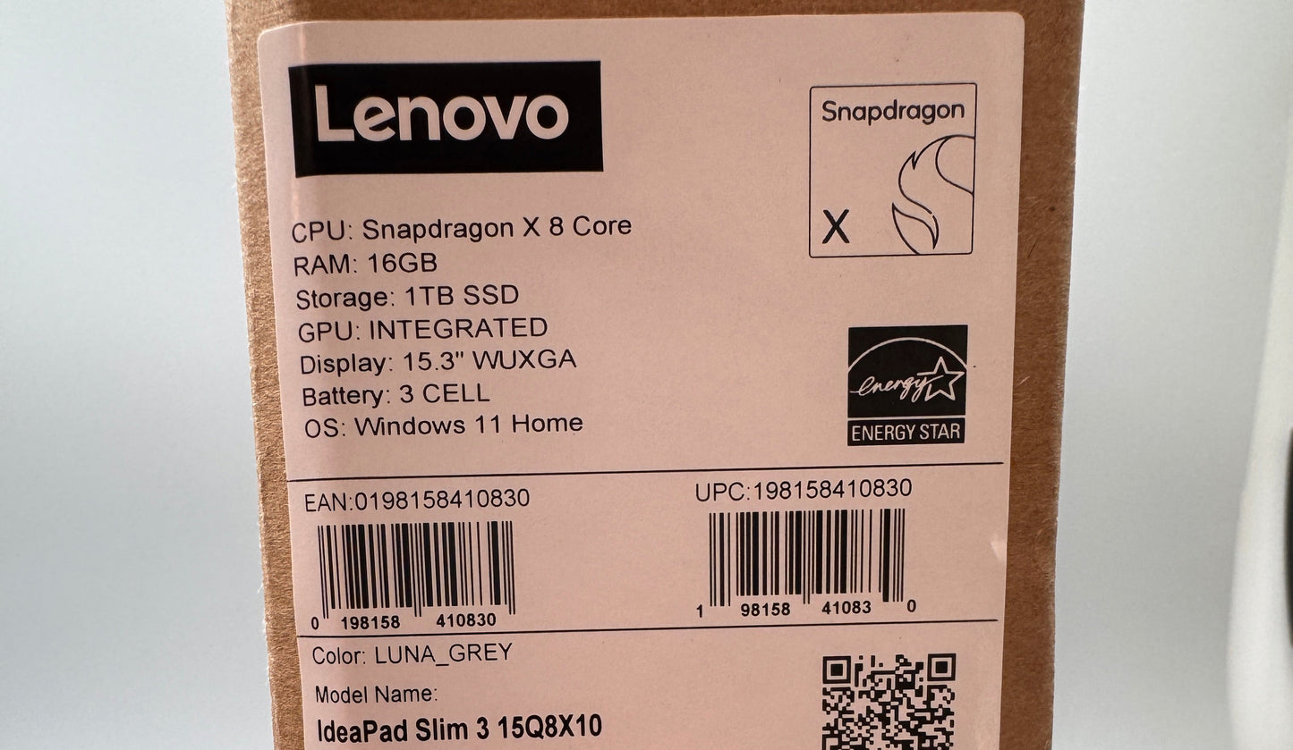 Lenovo IdeaPad Slim 3 15Q8X10 15in Copilot+ PC Laptop Qualcomm Snapdragon X1-26-100 16GB RAM 1TB SSD Windows 11 Home IPS Grey 83N3002CUK